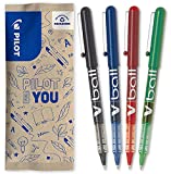 PILOT Caja de 4 VBall 05 - Bolígrafos roller con tinta líquida - Bolígrafos con punta cónica Fina para Escritura Suave y Precisa - Secado rápido, antimanchas - Negro, Azul, Rojo, Verde - Punta Fina