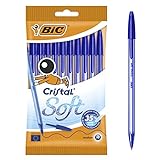 BIC Cristal Bolígrafos, Soft, Azul, Óptimo para material escolar,Punta Media (1,2mm), Material Oficina y Papelaria, Blíster de 10 Bolis