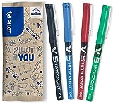 PILOT - Caja de 4 V5 - Bolígrafos roller con tinta líquida - Punta de aguja Fina para Escritura Suave y Precisa - Secado rápido, antimanchas - Negro, Azul, Rojo, Verde - Punta Fina (0,5mm)
